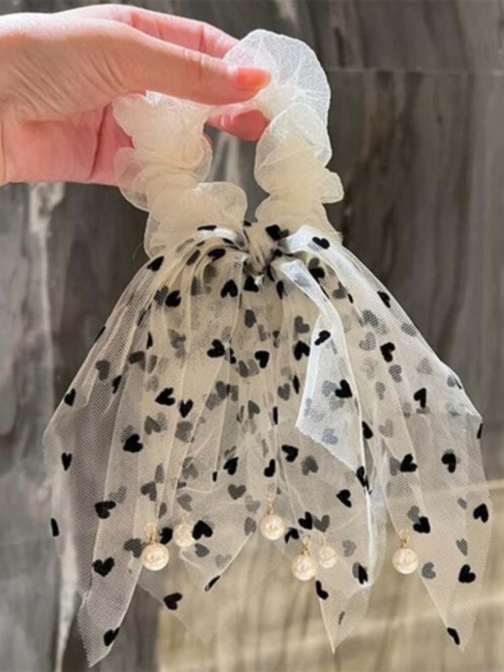Women Scrunchies Polka Dot Ribbon Scrunchies With Pearls Pendant Bow Hair Rope